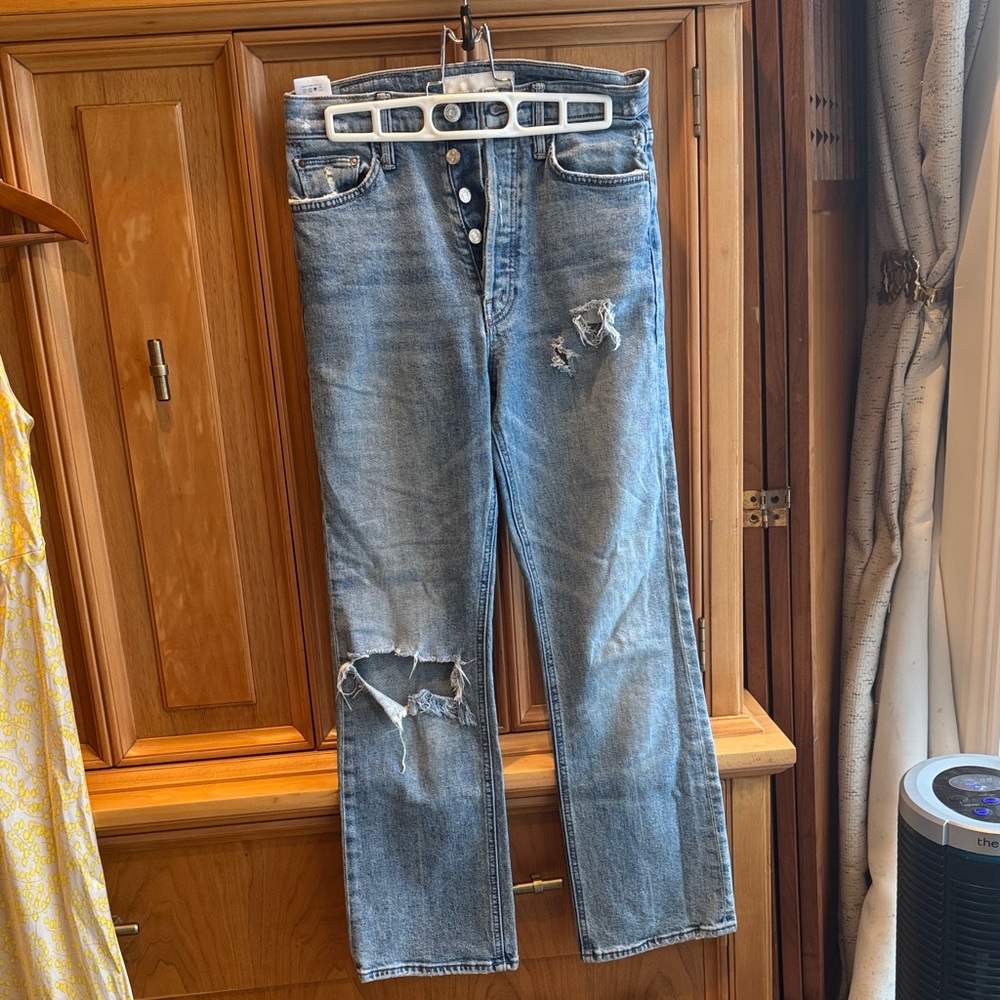 MOTHER Light Blue Distressed Straight Leg Jeans